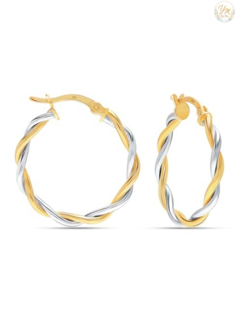 Real 925 Sterling Silver Textured Two-Tone 14K Gold Plated Hoop Earrings 30mm